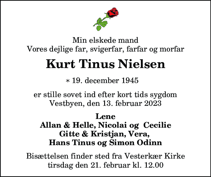 Dødsannonce for Kurt Tinus Nielsen