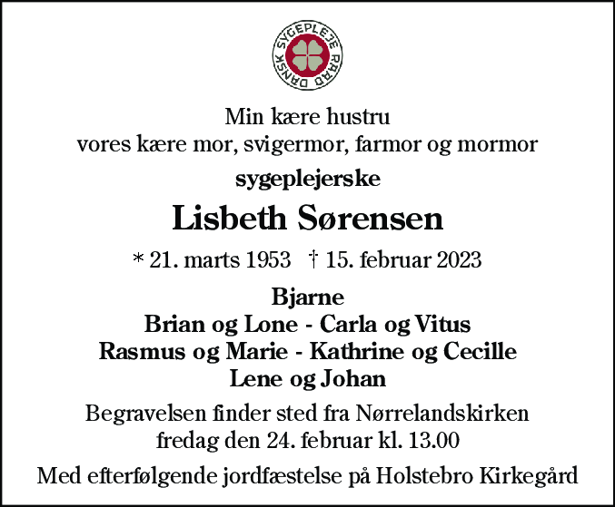 Dødsannonce for Lisbeth Sørensen