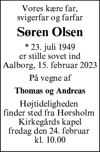 Dødsannonce for Søren Olsen