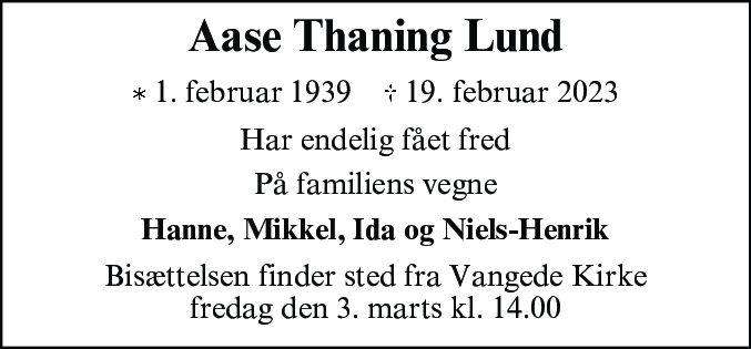Dødsannonce for Aase Thaning Lund