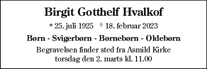 Dødsannonce for Birgit Gotthelf Hvalkof