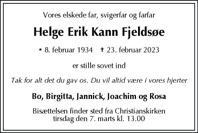 Dødsannonce for Helge Erik Kann Fjeldsøe