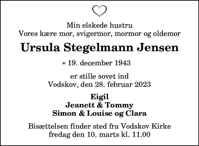 Dødsannonce for Ursula Stegelmann Jensen