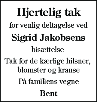 Dødsannonce for Sigrid Jakobsen