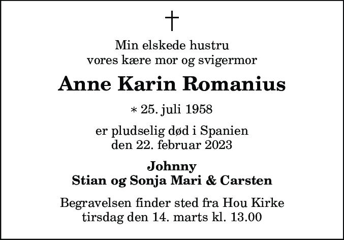 Dødsannonce for Anne Karin Romanius