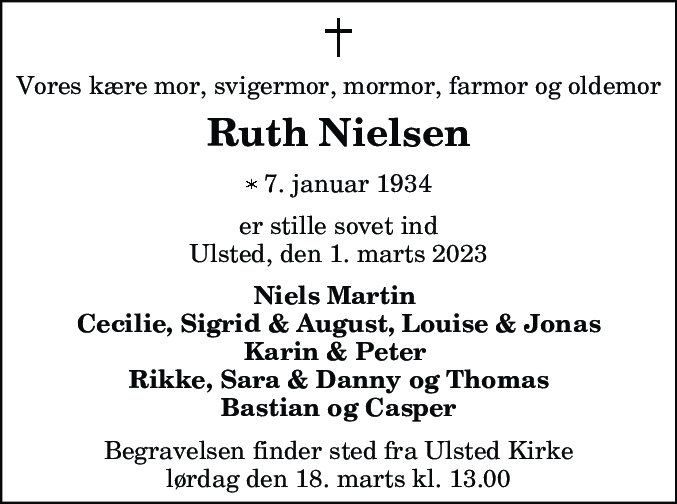 Dødsannonce for Ruth Nielsen