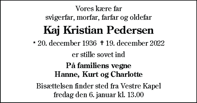 Dødsannonce for Kaj Kristian Pedersen