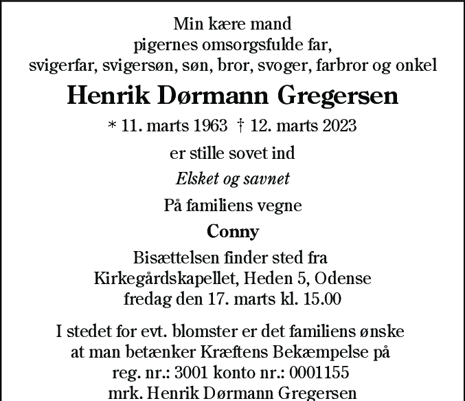 Dødsannonce for Henrik Dørmann Gregersen