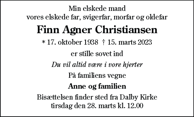 Dødsannonce for Finn Agner Christiansen