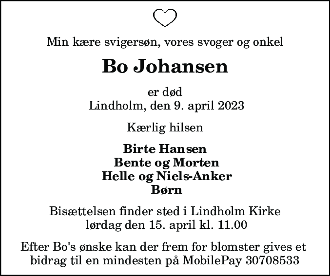 Dødsannonce for Bo Johansen