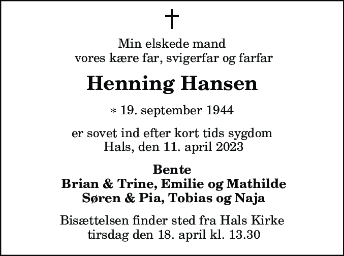 Dødsannonce for Henning Hansen