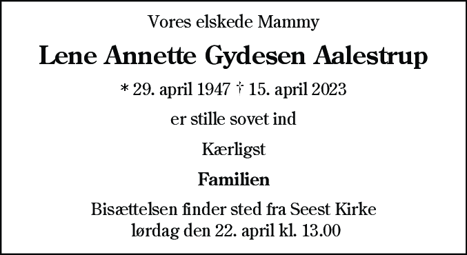 Dødsannonce for Lene Annette Gydesen Aalestrup