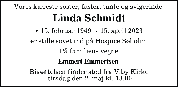Dødsannonce for Linda Schmidt
