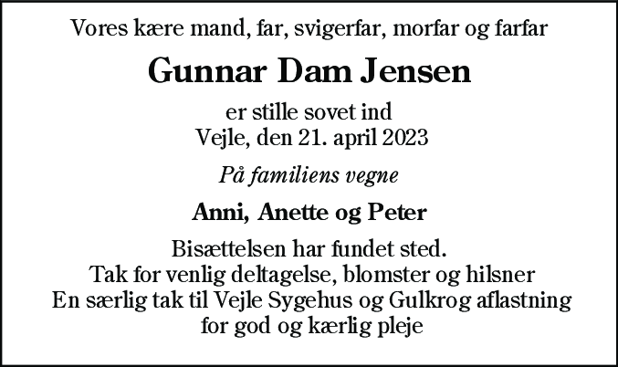 Dødsannonce for Gunnar Dam Jensen