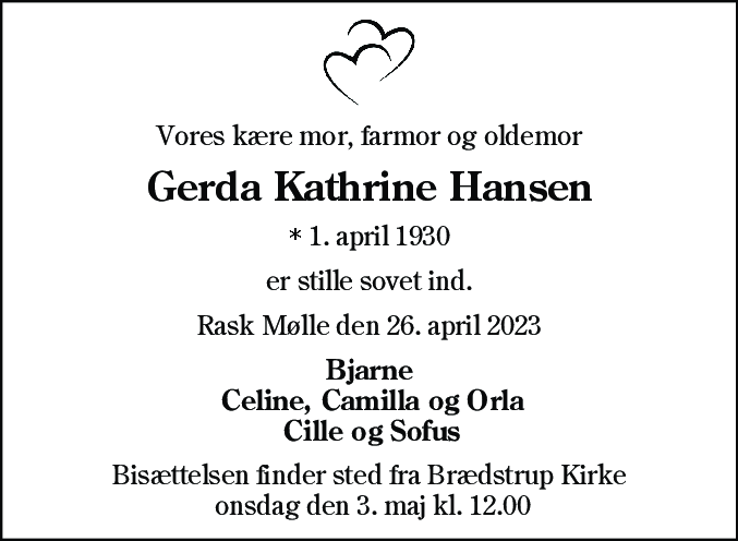 Dødsannonce for Gerda Kathrine Hansen