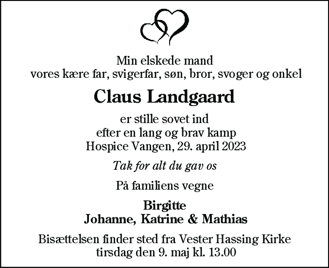 Dødsannonce for Claus Landgaard