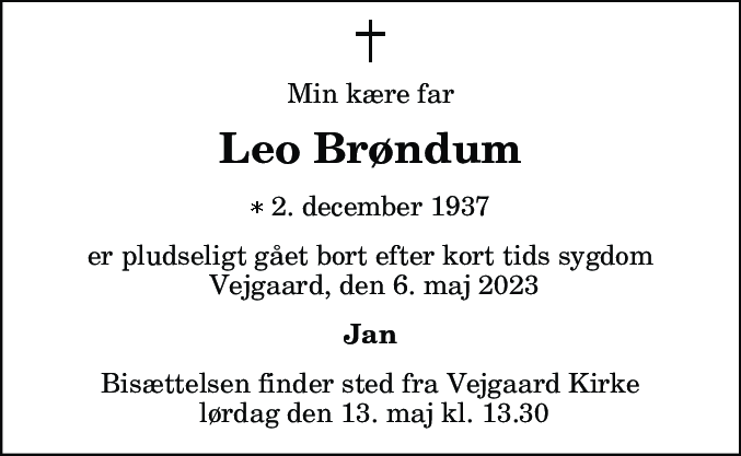 Dødsannonce for Leo Brøndum