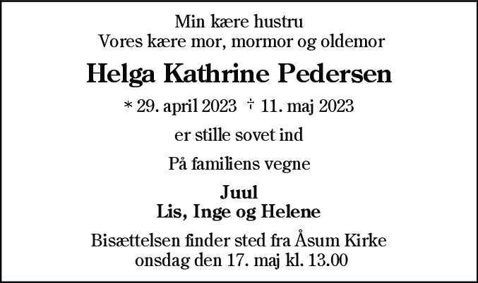 Dødsannonce for Helga Kathrine Pedersen