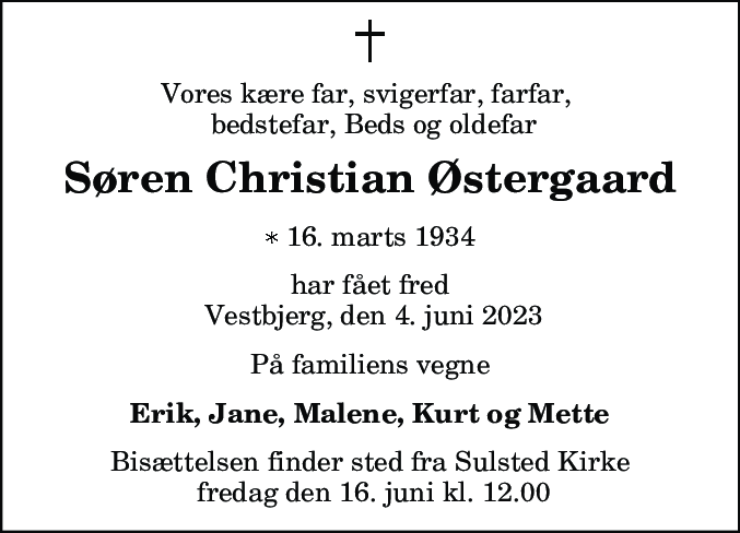 Dødsannonce for Søren Christian Østergaard