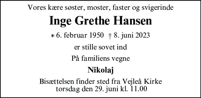 Dødsannonce for Inge Grethe Hansen