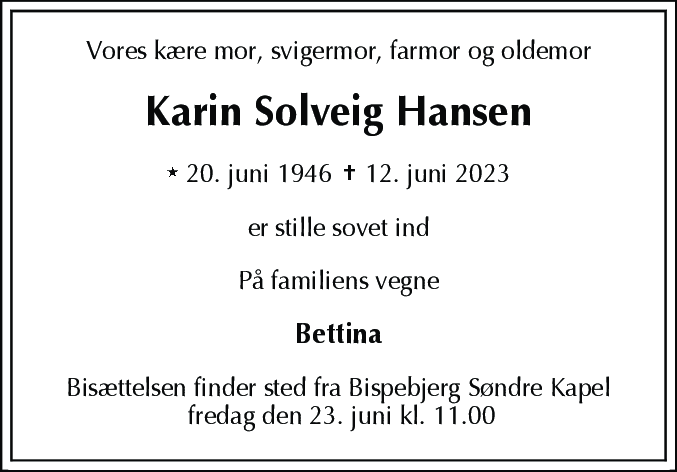 Dødsannonce for Karin Solveig Hansen