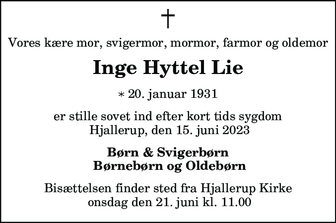 Dødsannonce for Inge Hyttel Lie