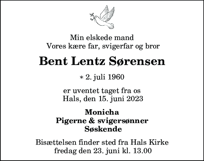 Dødsannonce for Bent Lentz Sørensen