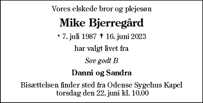 Dødsannonce for Mike Bjerregård