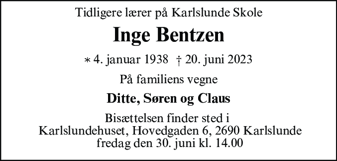 Dødsannonce for Inge Bentzen