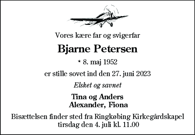 Dødsannonce for Bjarne Petersen