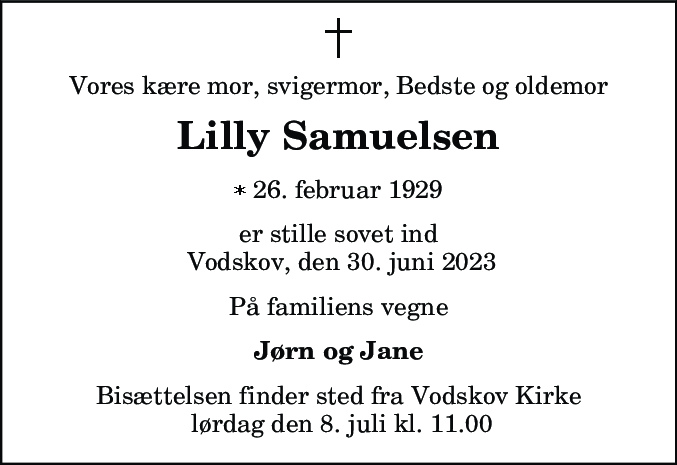 Dødsannonce for Lilly Samuelsen