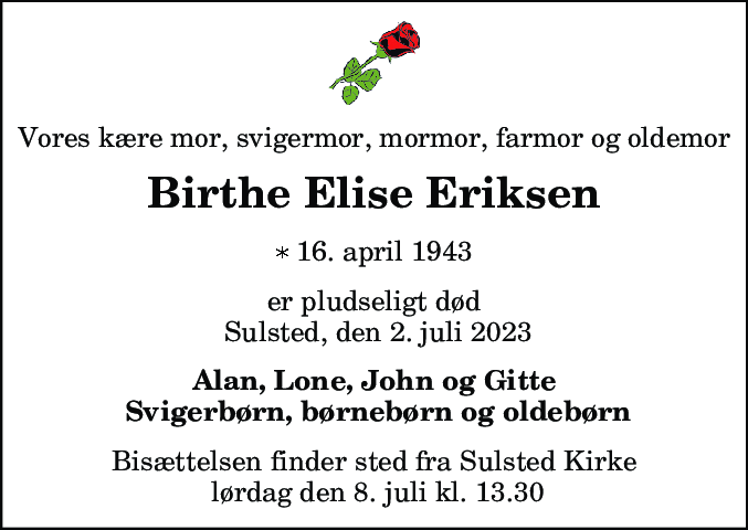 Dødsannonce for Birthe Elise Eriksen