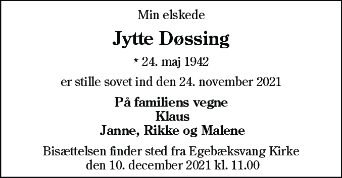 Dødsannonce for Jytte Døssing