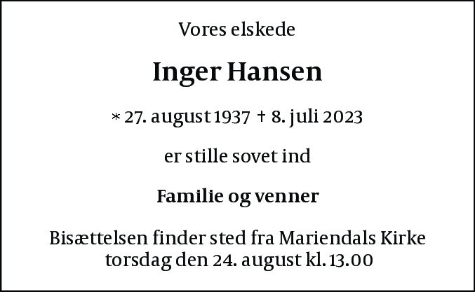 Dødsannonce for Inger Hansen