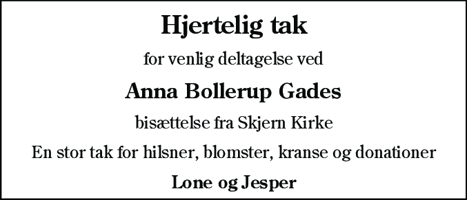Dødsannonce for Anna Bollerup Gade