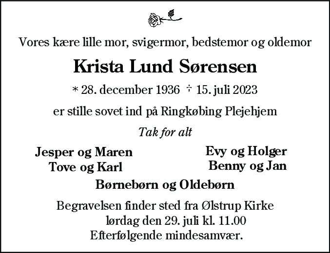 Dødsannonce for Krista Lund Sørensen