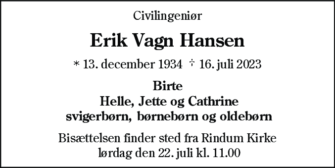 Dødsannonce for Erik Vagn Hansen