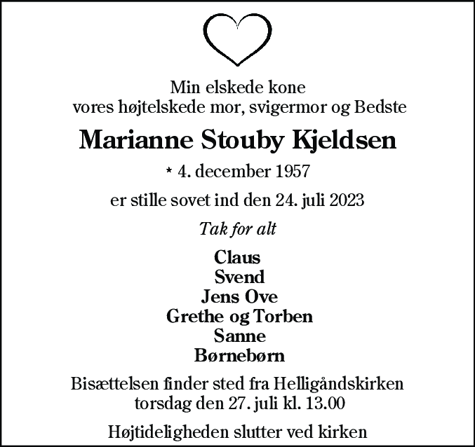 Dødsannonce for Marianne Skouby Kjeldsen