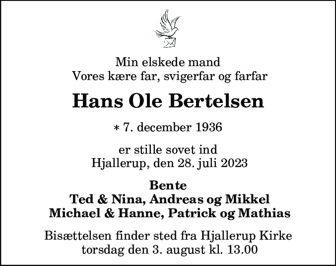 Dødsannonce for Hans Ole Bertelsen