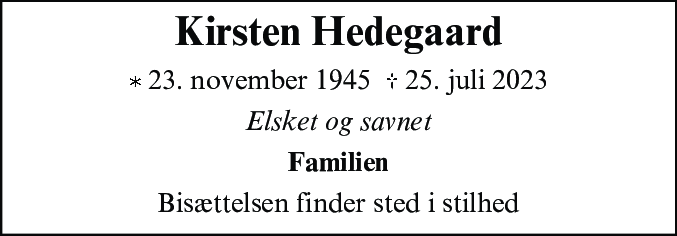 Dødsannonce for Kirsten Hedegaard
