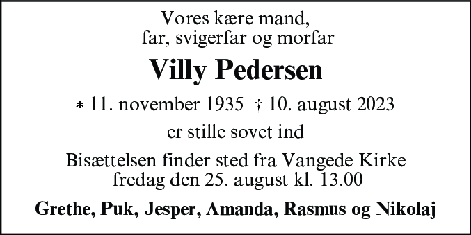 Dødsannonce for Villy Pedersen