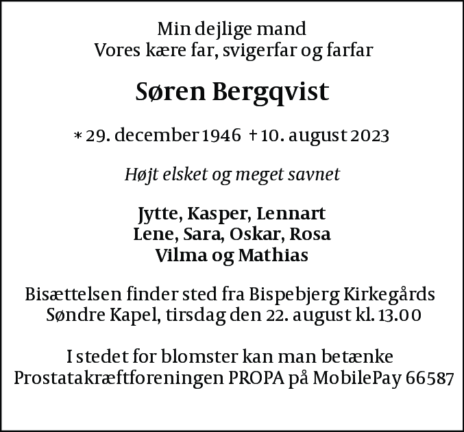 Dødsannonce for Søren Bergqvist
