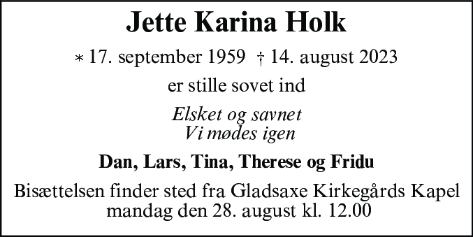 Dødsannonce for Jette Karina Holk