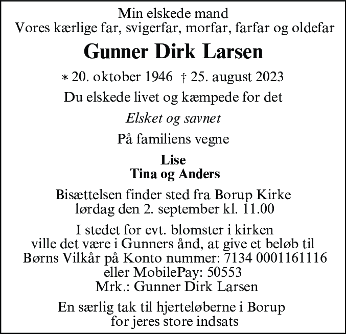 Dødsannonce for Gunner Dirk Larsen