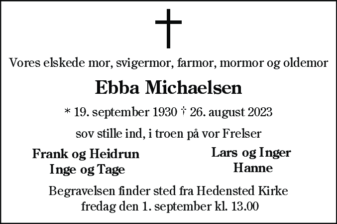 Dødsannonce for Ebba Michaelsen