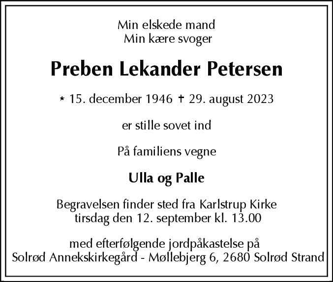 Dødsannonce for Preben Lekander Petersen