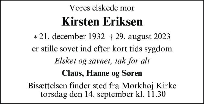 Dødsannonce for Kirsten Eriksen