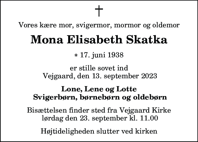 Dødsannonce for Mona Elisabet Skatka