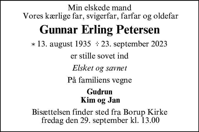 Dødsannonce for Gunnar Erling Petersen