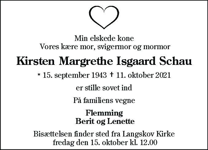 Dødsannonce for Kirsten Margrethe Isgaard Schau